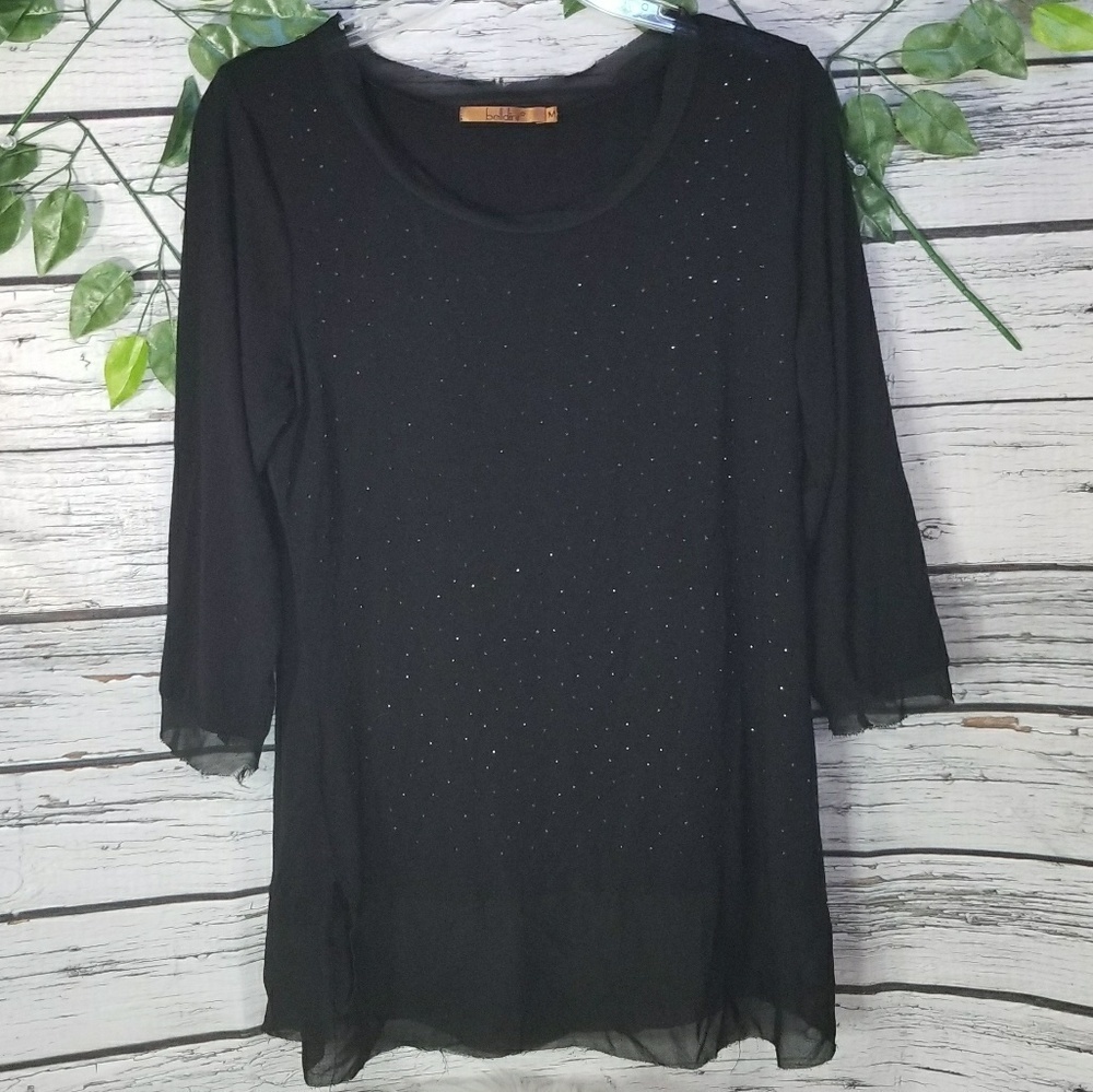Belldini sheer trim scoop neck embellished blouse